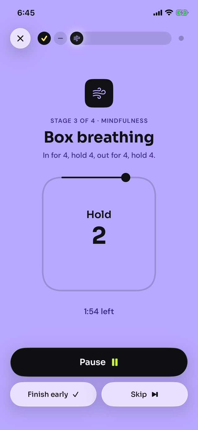Stage 3, box breathing, on a purple page: hold for 2, with 1:54 left.