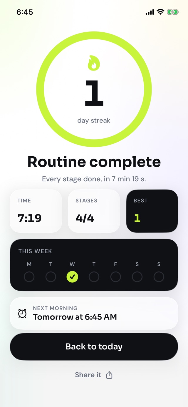 Routine complete: all four stages done, and the streak ring counts the morning.