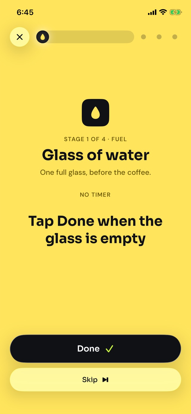 Stage 1, a glass of water, on a yellow page: tap Done when the glass is empty.